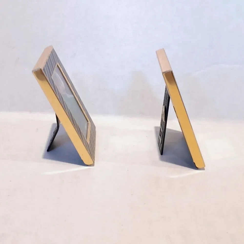 Vintage Pata Mini Rectangle Metal Picture Frames-Lot Of 2-Gold Black Stripe-